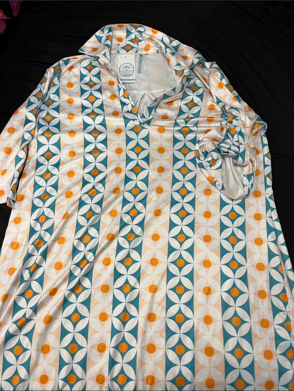 Turquoise Palms Geometric Print Swim Coverup in Teal, Orange & White